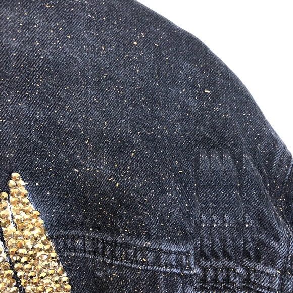 Gold Rhinestone Stag Deer Throne of Glass Hand Painted Black Jean Jacket - Picture 15 of 17